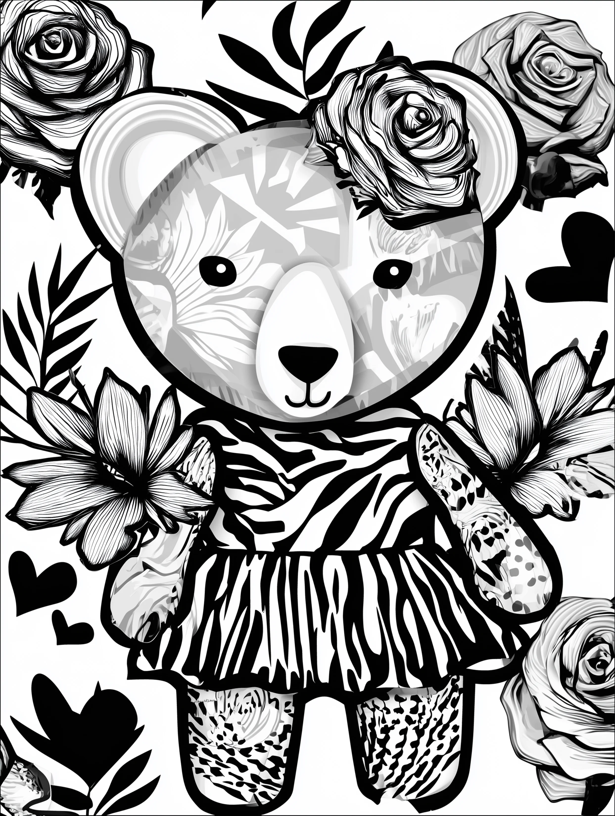 Free printable bear coloring book page featuring a bear wearing a zebra dress